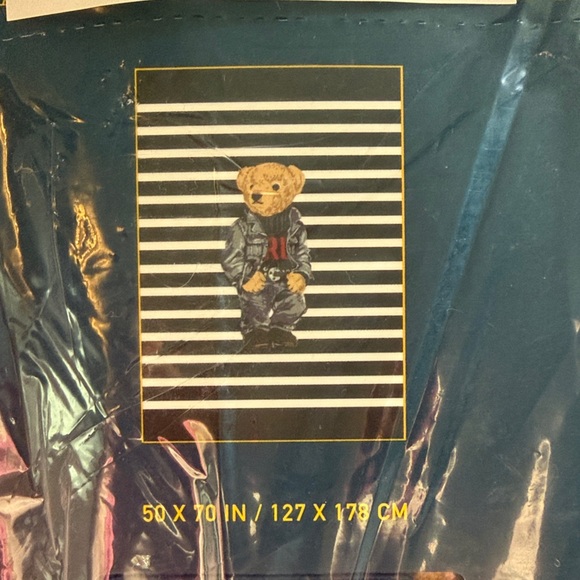 NWT Polo Ralph Lauren Bear Soft Fleece Throw Blanket White Navy Blue Stripes - Picture 2 of 4
